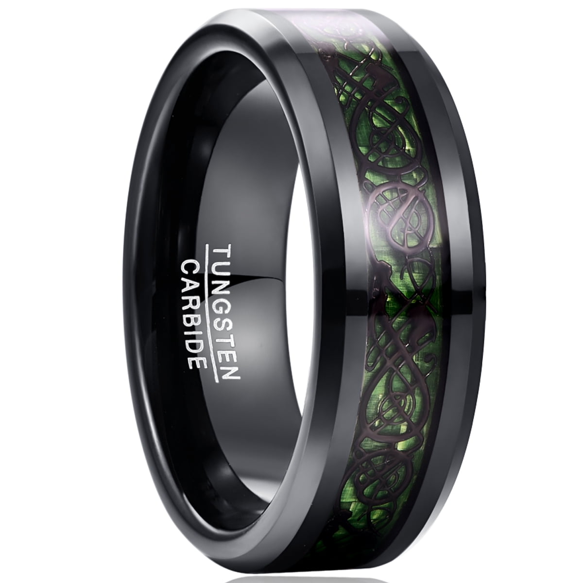 NUNCAD Men's 8mm Black Tungsten Carbide Wedding Ring Celtic Tungsten Ring Celtic Dragon Inlay Polished Finish Size 5-15