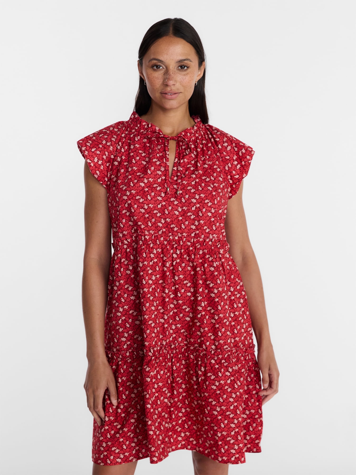 Time and Tru Women's Tiered Cotton Mini Dress with Flutter Sleeves, Sizes XS-4X