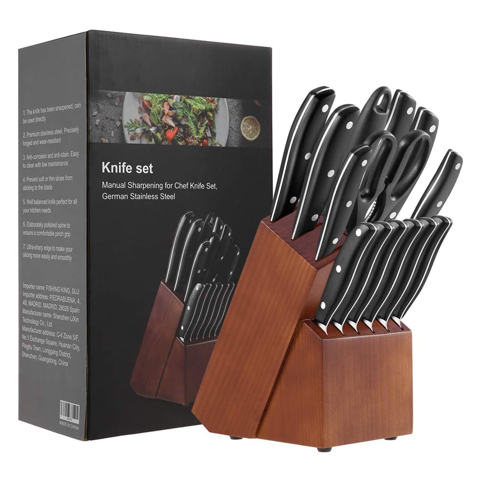 AMEGAT 15-Piece Knife Set with Built-in Sharpener and Carving Fork, Ultra  Sharp Knife Block Set with Full Tang Design & Wooden Handle, High Carbon