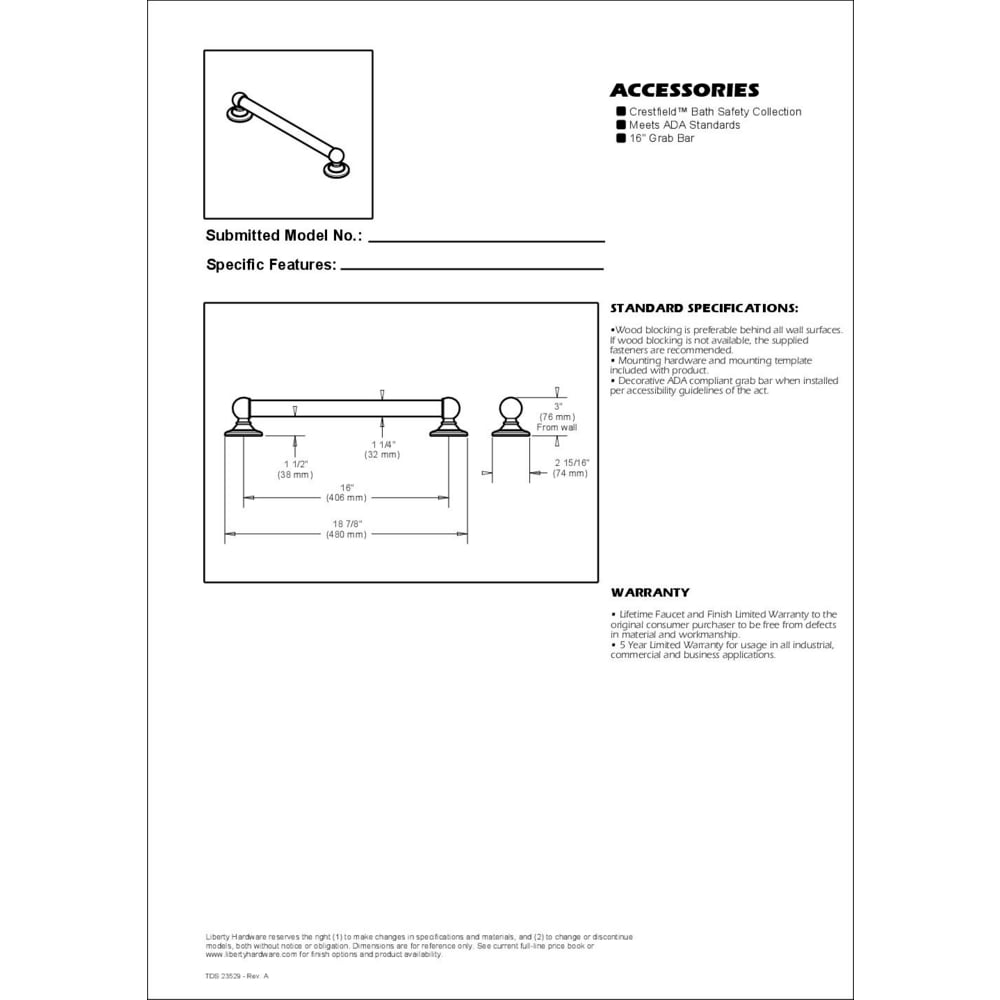 Better Homes & Gardens 16" ADA Compliant Bathroom Grab Bar, Chrome
