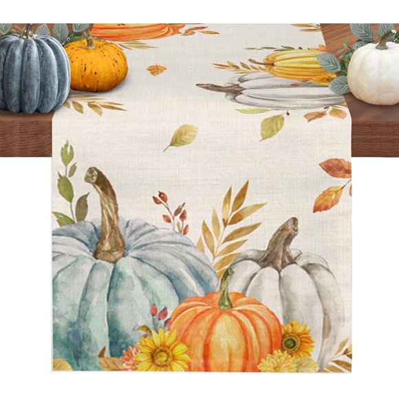 Thanksgiving Table Runner 120inches Long, Washable Fall Table Runner Cloth for Kitchen Dining, Wedding, Party, Coffee, Outdoor Use, Pumpkins Autumn Leaf Tabletop Decoration Harvest