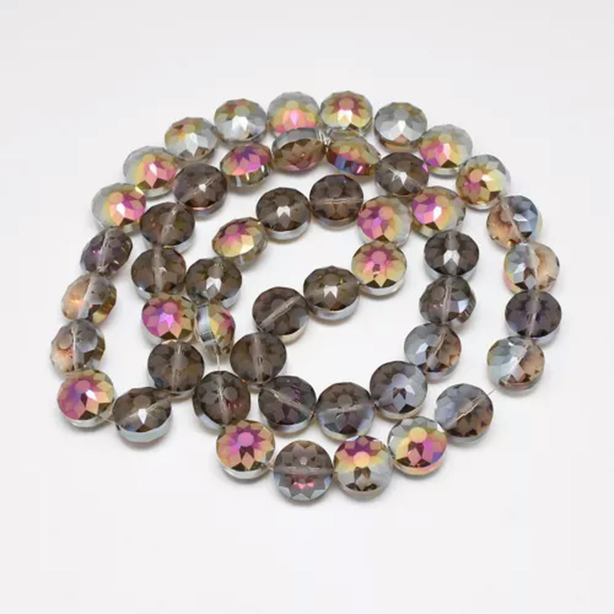 U8MO 2Strands Rainbow Plated Faceted Flat Round Electroplate Glass Beads Frosted 14mm-Gray