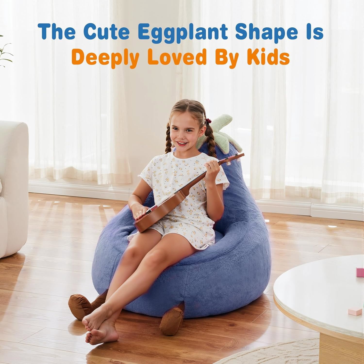 CONCETTA 24in Bean Bag Chair, Soft Faux Rabbit Fur Fabric, Cute Eggplant Lazy Chair for Kids, Living Rooms, Dark Blue