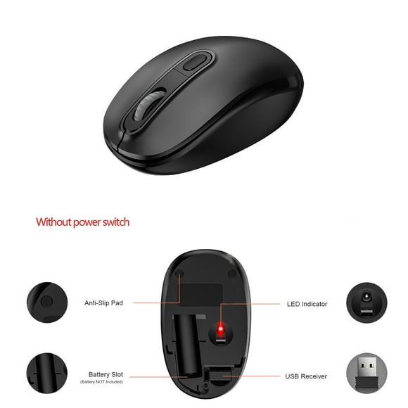 USB Wireless silent mouse computer mouse 1600DPI adjustable Ergonomic optical Mouse wireless mouse For Mac PC Laptop Black-No Switch