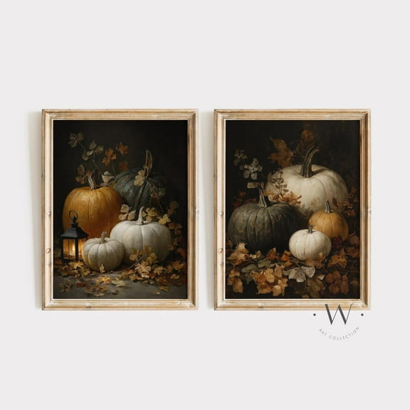 UNFFRAMED Luvia Moody Pumpkin Wall Art Set of 2 Vintage Autumn Rustic Thanksgiving Prints Wall Decor Set 2 Prints 8x12