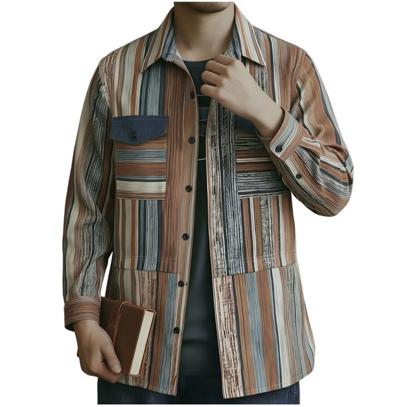 kosheko Men's Vintage Striped Utility Shirt, Point Collar with Contrast Pockets, Button Placket for relaxed casual outing Gray M