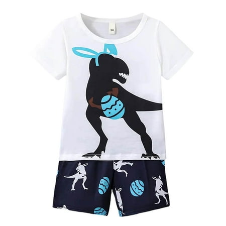 Landzoo Toddler Boys Girls Outfit Set Dinosaur Print Short Sleeve Crew Neck Tops Outfit With Graphic Print Shorts Summer Casual Boys Set Size 9-10 Years Navy