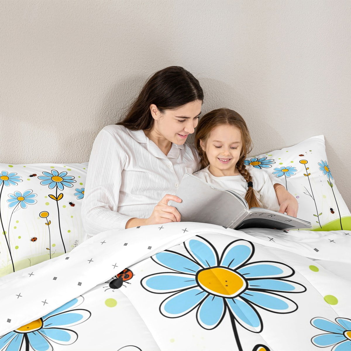 jejeloiu Cartoon Cute Floral Queen Comforter Set,Kawaii Daisy