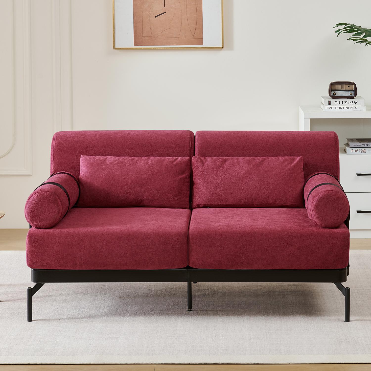 59" Loveseat Sofa with USB Ports,Modern Sofa Couch 2-Seater Sofa with 2 Pillows,Cylindrical Armrests for Living Room Bedroom Apartment,Red