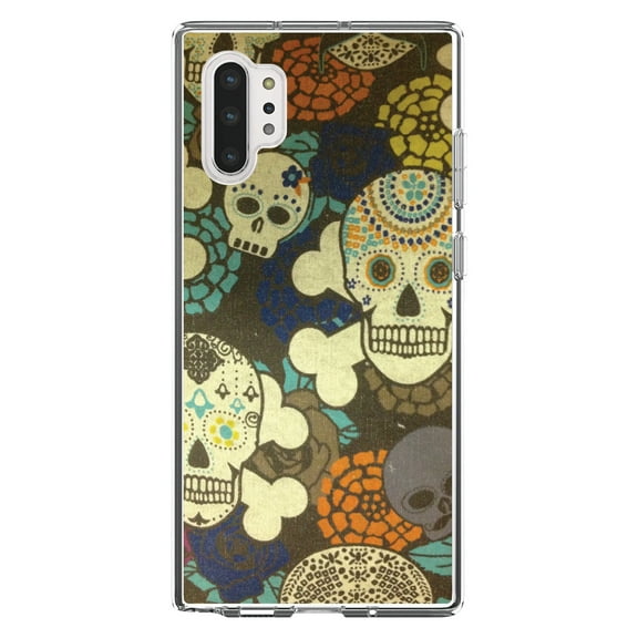 DistinctInk Clear Shockproof Hybrid Case for Galaxy Note 10 PLUS (6.8" Screen) - TPU Bumper, Acrylic Back, Tempered Glass Screen Protector - Sugar Skulls Green Orange
