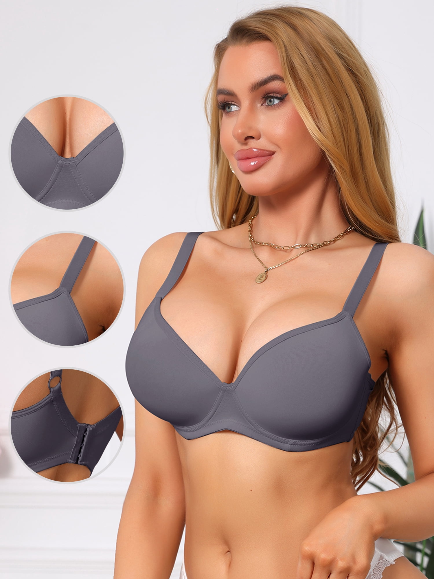 DARING DIVA Women's Smoothing Underwire Bra Plunge Push Up Bralette C 38 Gray