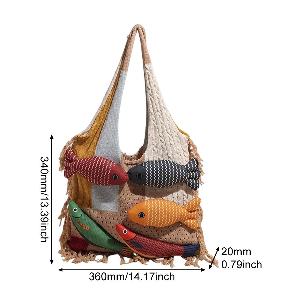 Jiibva Crochet Beach Shoulder Bag for Women Summer Tote handbags Shoulder Boho Bag with Handmade Fish for Summer Vacation