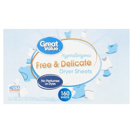 (2 Pack) Great Value Free & Delicate Hypoallergenic Dryer Sheets, 160