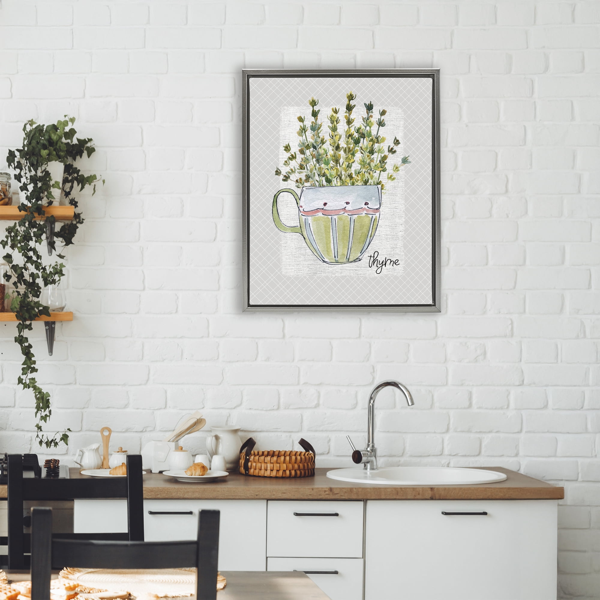 Stupell Industries Thyme Herb Mug Gray Framed Floater Canvas Wall Art, design by Livi Finn