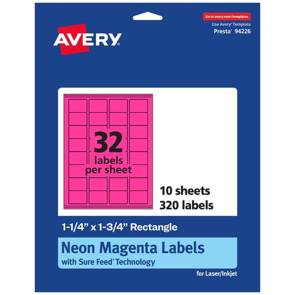 Avery Printable Rectangle Labels, Neon Magenta, 1.25" x 1.75", 320ct