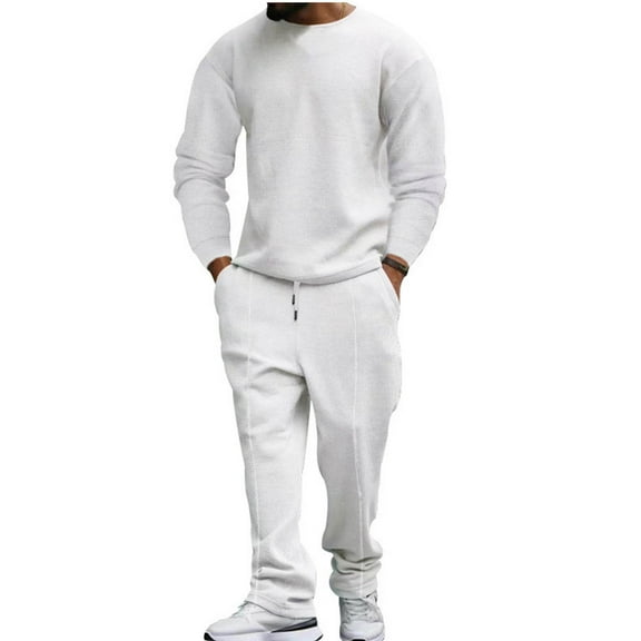 Wavsuf Sweatsuits 2pcs Sets Mens Jogger Set Long Pocket Sweatshirt and Sweatpants White Size L