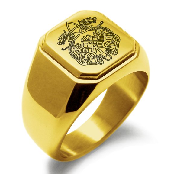 Stainless Steel Dragon Knot Skuld's Net Viking Rune Engraved Square Flat Top Biker Style Polished Signet Ring
