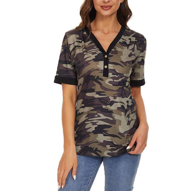 Moda Mujer Casual Primavera Manga corta Impreso Escote en V Botón Color Contraste Camiseta Blusa Fridja gope4921