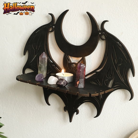 Qocolcyl Halloween Black Wooden Wall Shelf Gothic Bat Moon Hollow Pattern Floating Shelf Crystal Holder Goth Home Decor Witch Room Decor Gifts for Man