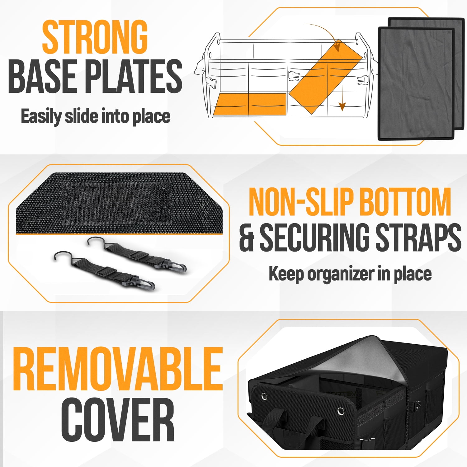 FORTEM SUV Trunk Organizer, Car Organizer, Collapsible Multi-Compartment Storage Bag for Car Accessories for Women Men, 1680D Oxford, Non Slip Bottom, Adjustable Straps, (50L)