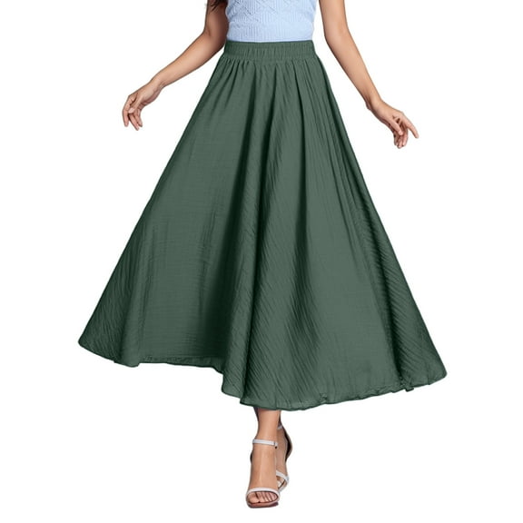 HXWCHs Ladies Girls Solid Color Elastic Waist Long Flowing Bosimi Casual Maxi Skirt Green M/85