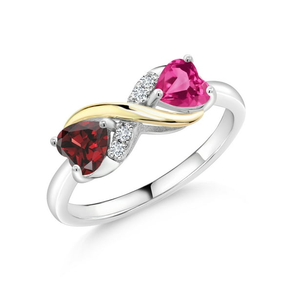Gem Stone King 1.24 Ct Red Garnet Pink Created Sapphire 925 Silver and 10K Yellow Gold Lab Grown Diamond Ring