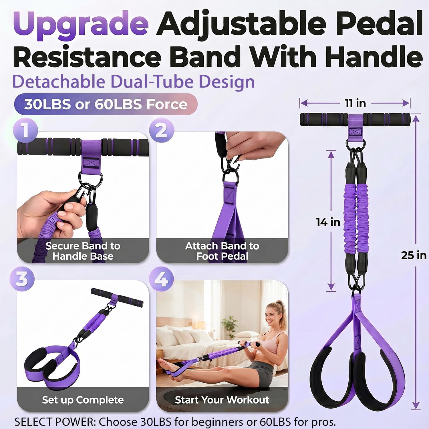 Upgraded Pedal Resistance Band with Handle, Adjustable 30-60LBS Exercise Bands for Home Gym, Sit Up Equipment for Full Body Workout, Core, Abs, Legs, Arms - Portable Workout Equipment for Women & Men