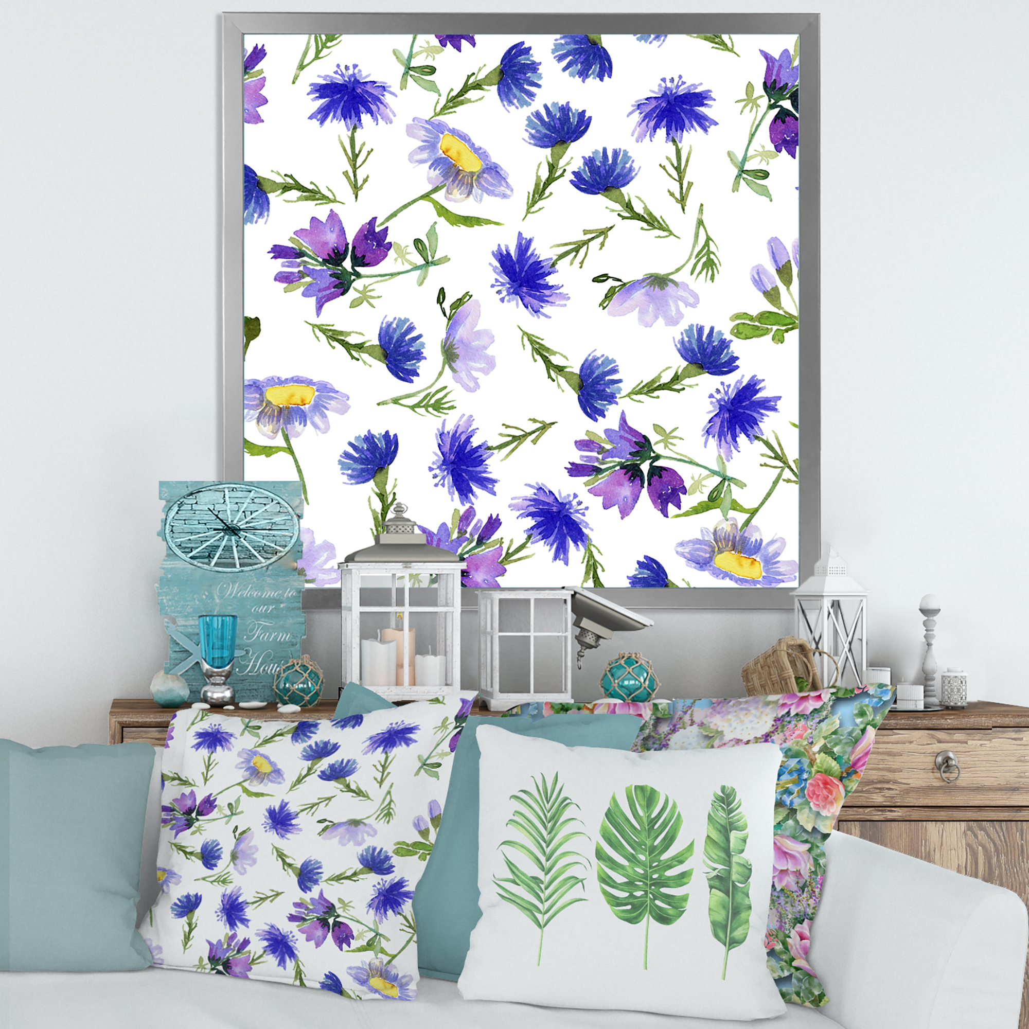 Designart 'Blue Wildflowers With Leaves III' Traditional Framed Art Print