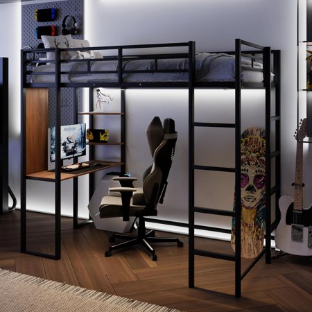 Merax Twin Metal Loft Bed with 2 Shelves and one Desk,Loft Bed Frame with 2 Built-in Laddersl,Noise Free,No Box Spring Neede,Black