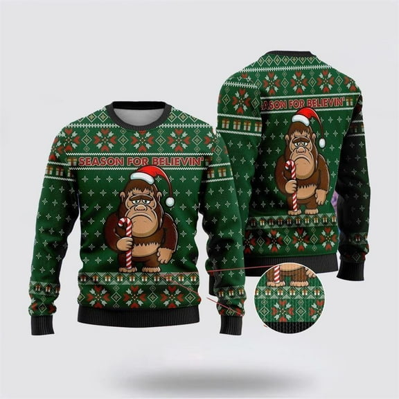 Bigfoot Season For Believin Green Pattern Ugly Christmas Sweater – Best Gift For Christmas