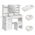 thumbnail image 4 of Hassch Vanity Desk with Lighted Mirror Cabinet and Charging Station, 47.2" Makeup Table with Hooks, Glass Top and Cushioned Stool, Dressing Table with Open Shelves and 5 Storage Drawers, White, 4 of 8