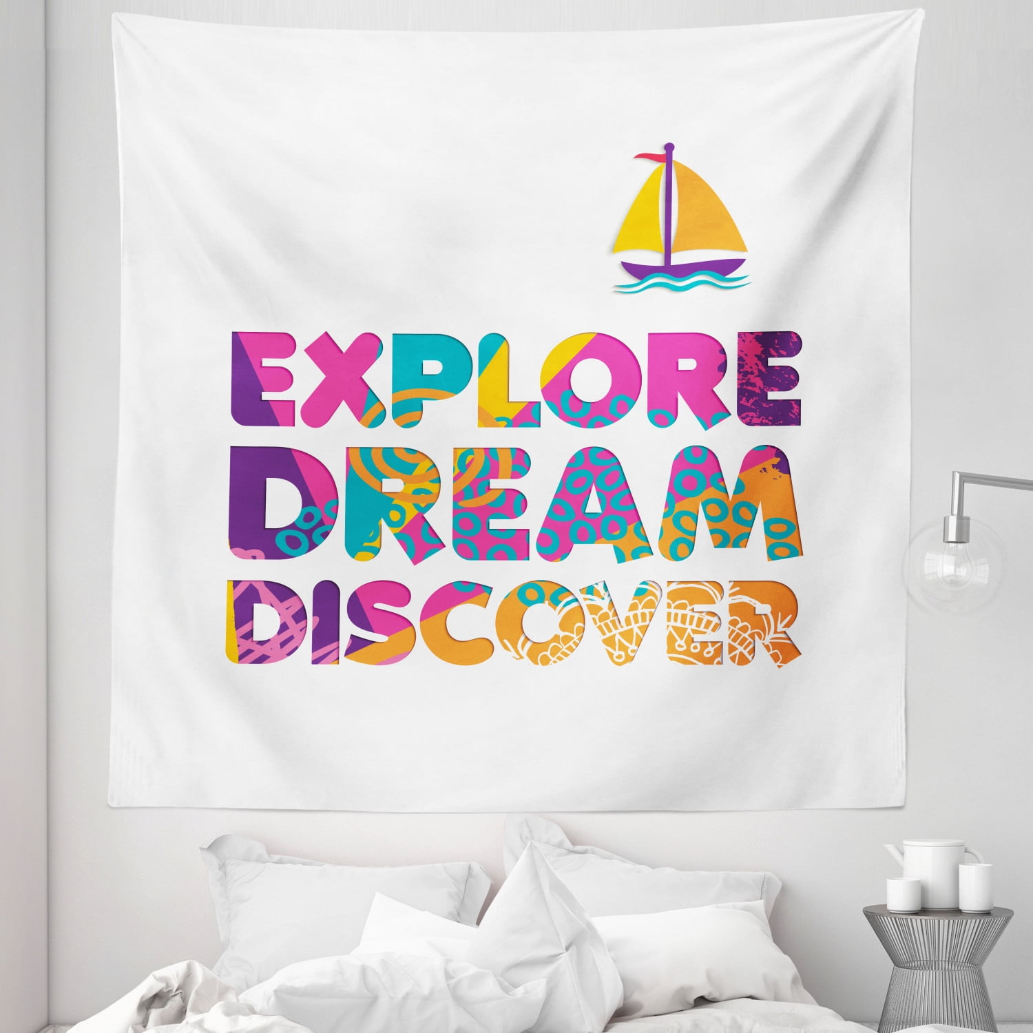 Dream Tapestry, Explore Dream and Discover Words Summer Vacation Theme with  a Boat Motif Tropical, Fabric Wall Hanging Decor for Bedroom Living Room  Dorm, 5 Sizes, Multicolor, by Ambesonne 