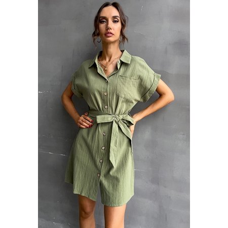 Tie-Waist Short Sleeve Mini Shirt Dress