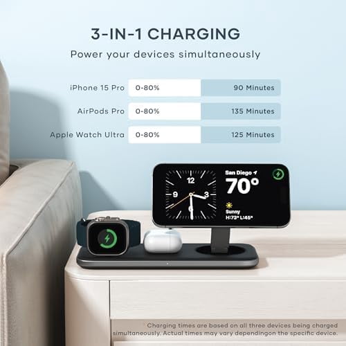 Satechi Qi2 Trio Wireless Charging Pad, 3 in 1 Wireless Charging Station, Qi2 15W Fast Charger for iPhone 17/16/15/14/13/12, 5W for AirPods and 5W for Apple Watch