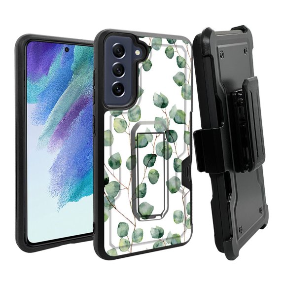 ANJ  Rugged Dual Layer Shockproof Holster Case w/Card Slot, Kickstand   Tempered Glass for Samsung Galaxy S21 FE 5G - Green Plants