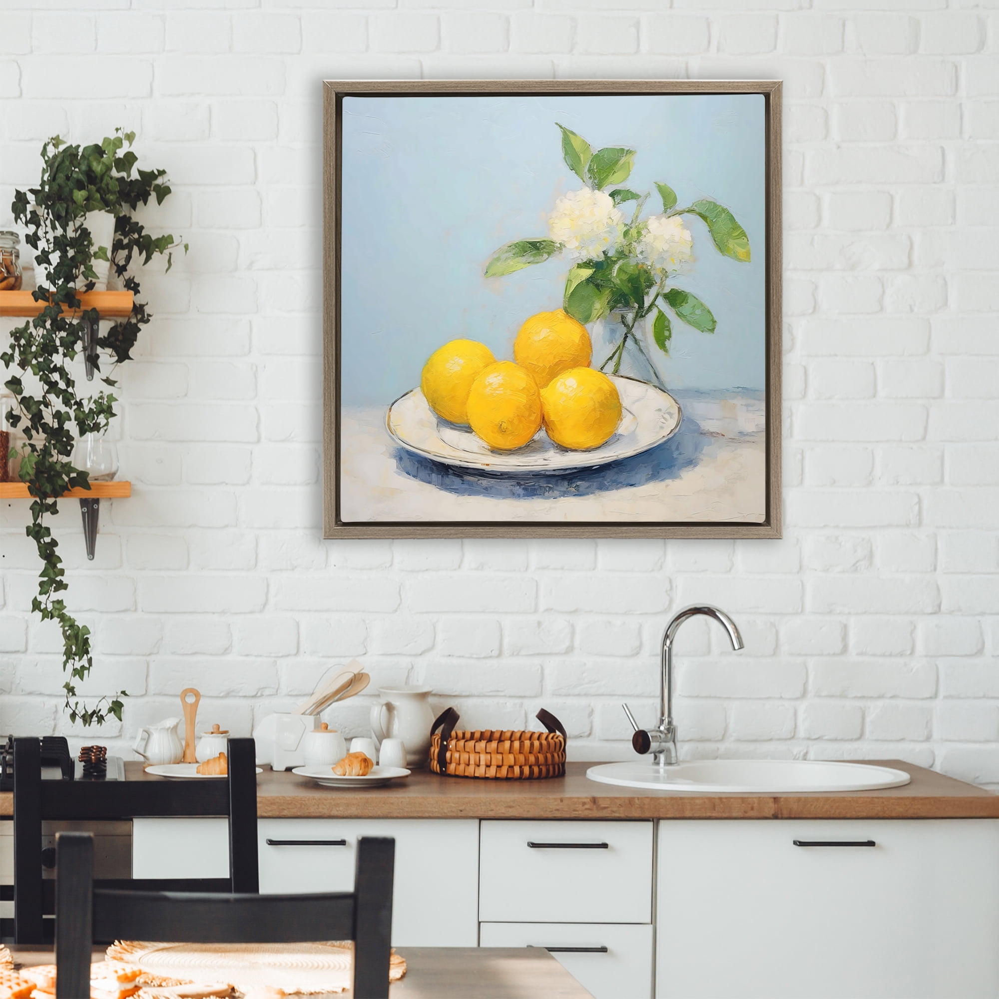 Stupell Industries Vase of Flowers and Lemons Brown Framed Floater Canvas Wall Art, design by Creative Studio