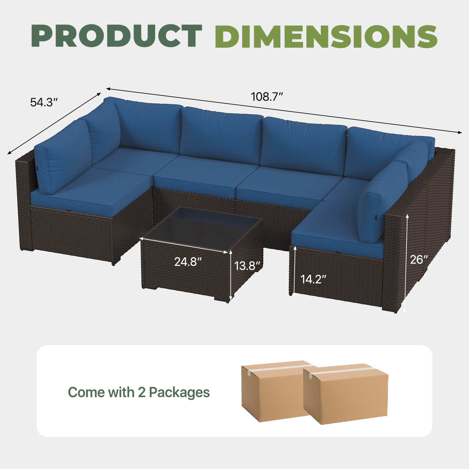 BaPiPro 7‑Piece Modular All‑Weather Patio Furniture Set, Brown Rattan Wicker Outdoor Sectional Sofa with Thickened Navy Blue Cushions & Tempered Glass Coffee Table for Backyard Porch Deck Balcony