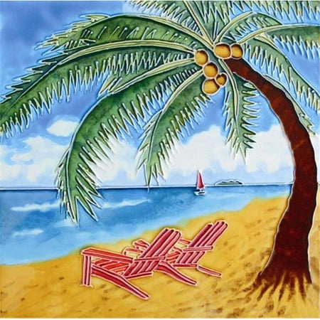 En Vogue B-127 Palm Tree and Beach Chairs - Decorative Ceramic Art Tile - 8 in. x 8