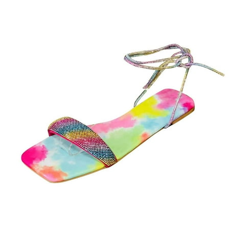 

TUOBARR Flat Sandals for Women Rhinestone Beach Shoes Casual Bandage Round Head Comfy Sandals Fashion Dressy Cute Open Toe Sandals Multicolor