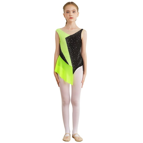 Yhong Kids Girls Gymnastics Outfits Modern Ballet Dance Skirted Leotards Dancewear Figure Ice Skating Fluorescent Yellow 10