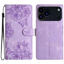 Leather For iPhone 17 Pro Case Cherry Blossom&Butterfly Embossed Flip Wallet Leather Case with Card Holder Magnetic Closure Shockproof Kickstand Protective Phone Cases Cover,Purple,For iPhone 17 Pro