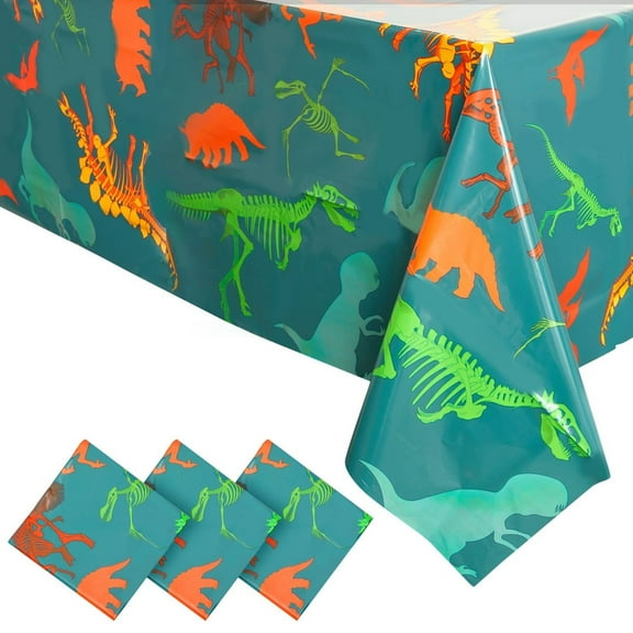 Blue Panda Dinosaur Tablecloths for Birthday Party - 54 x 108 in, Green, Pack of 3, Disposable Plastic - Dinosaur Birthday Tablecloth - Disposable Table Covers for Baby Shower Decor