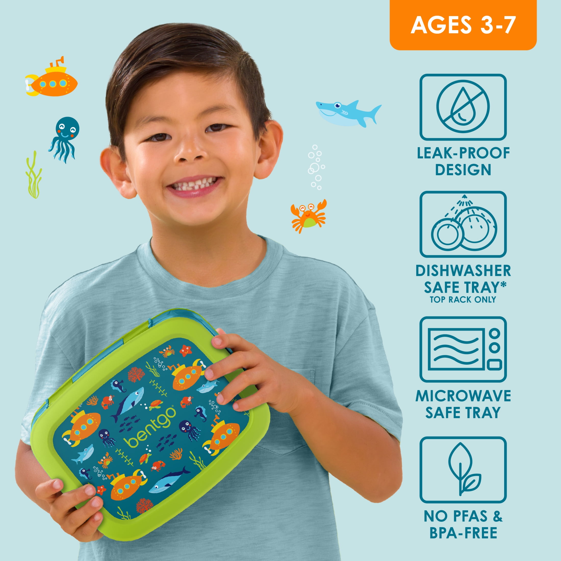 Bentgo Kids Prints Leak-Proof, 5-Compartment Bento-Style Kids Lunch Box - Ideal Portion Sizes for Ages 3-7, Durable, Drop-Proof, Dishwasher Safe, & Made with BPA-Free Materials (Submarine)