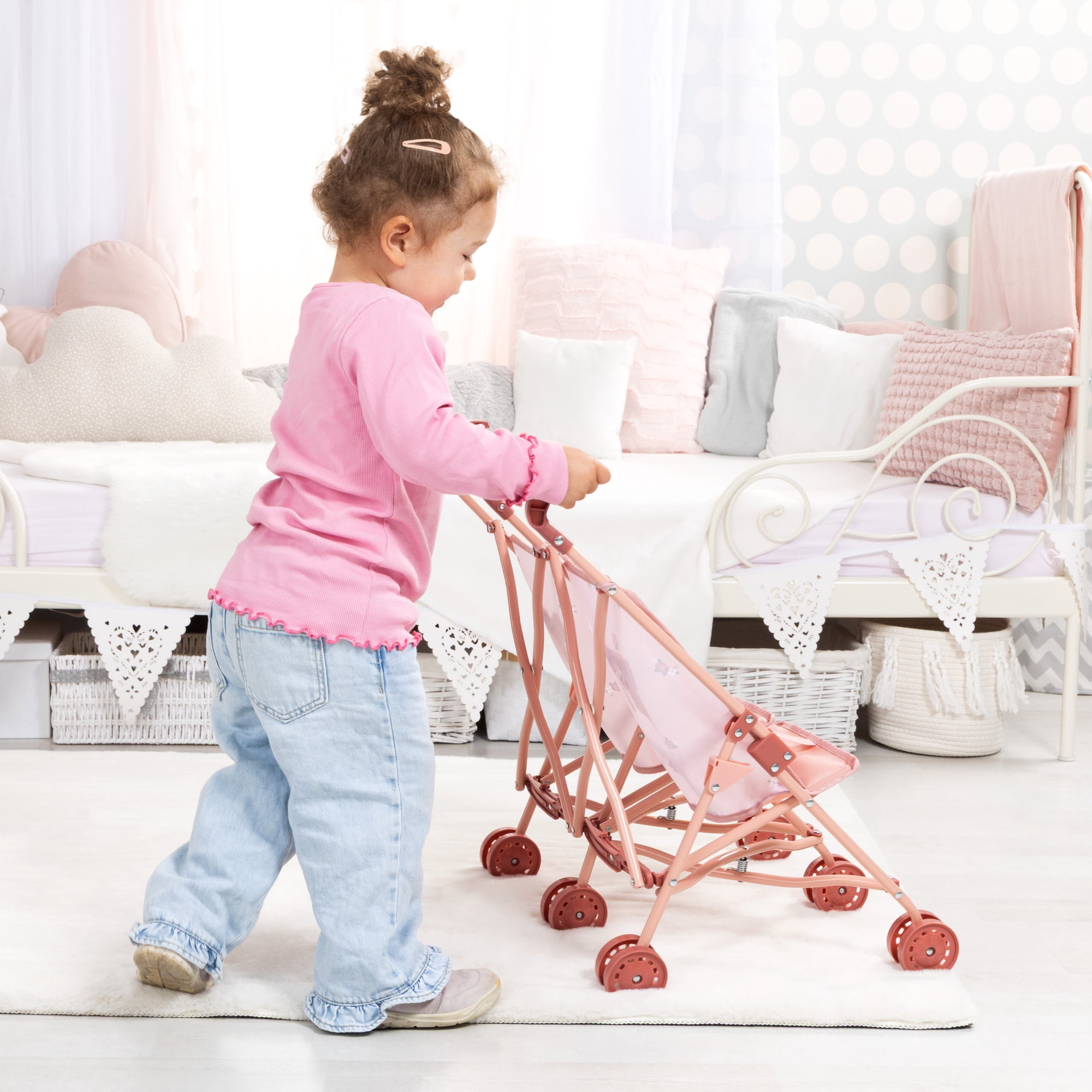 Bayer Design: Doll Twin Buggy - Pink & Flowers - Umbrella Push Stroller, Foldable, Side-By-Side Seats, Roleplay Toy Fits 18" Dolls, Kid-Toddler 18mo+
