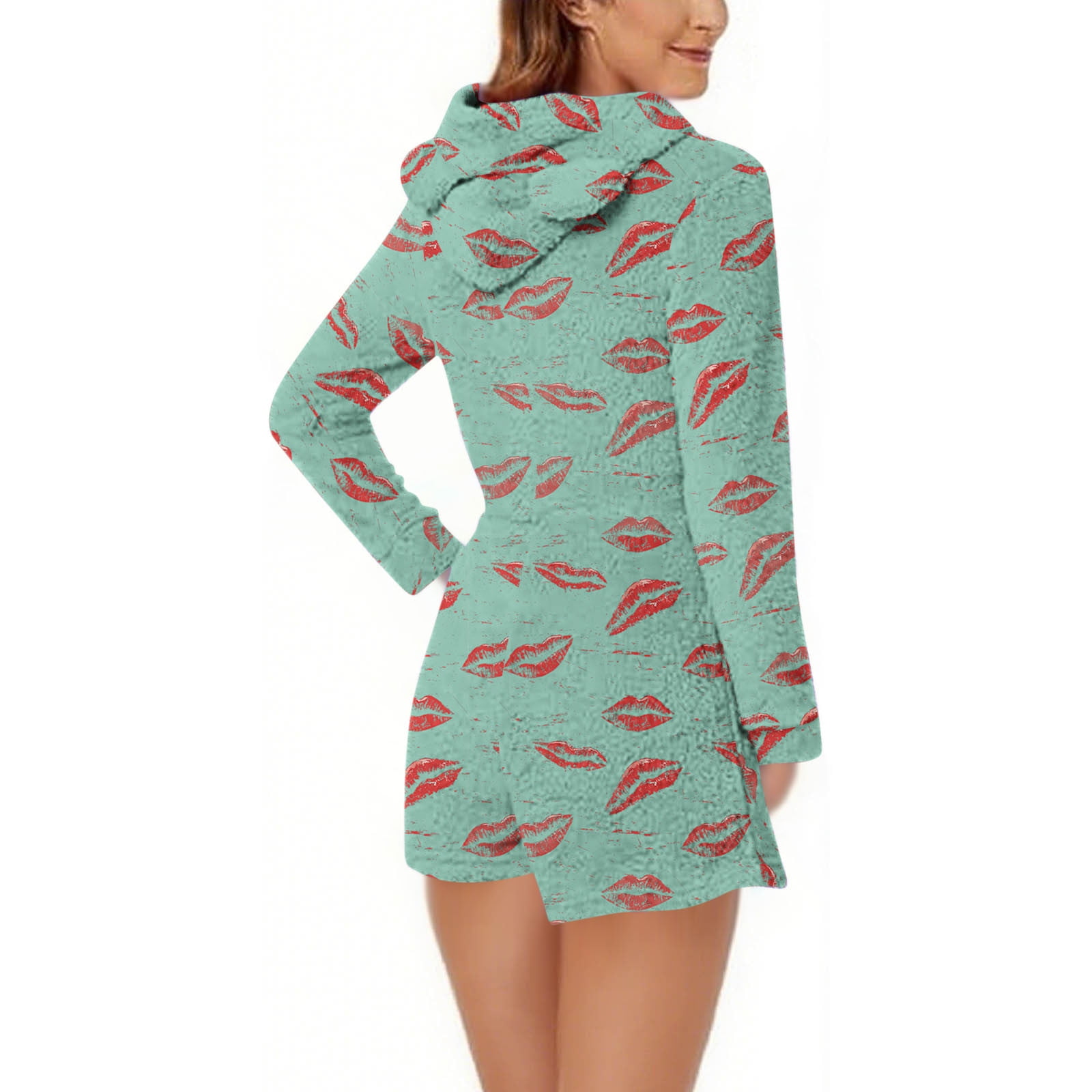 Womens Long Sleeve Onesies Pajamas Fuzzy Zip-Up Hooded Romper Warm Short Playsuit Jumpsuit Fleece Sherpa Sleepwear Green, XXL