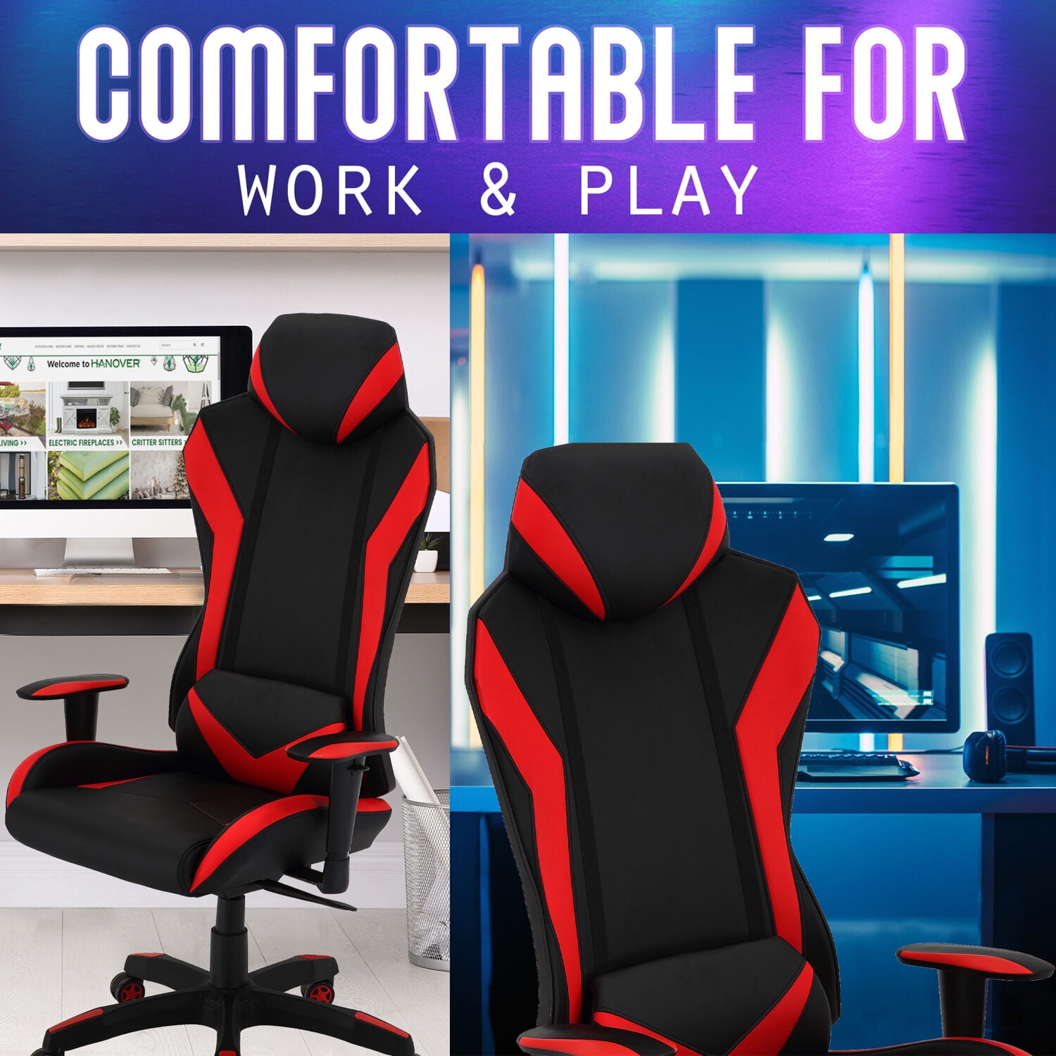 Commando Ergonomic High-Back Gaming Chair in and Red with Adjustable Gas Lift Seating and Lumbar Support Walmart.com
