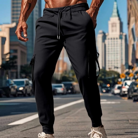 PNTUTB Fashion Men's Casual Solid Color Elastic Waist Drawstring Athletic Outdoor Work Pants with Multiple Pockets