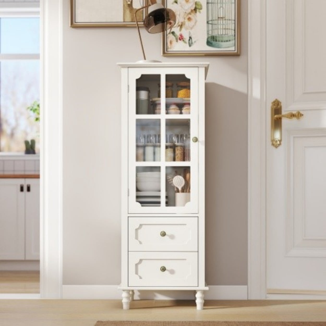 Buffet Cabinet with Glass Doors and Double Drawer, Modern Storage Sideboard Cabinet with Tempered Glass & Solid Wood Legs for Living Room Dining Room, Creamy White