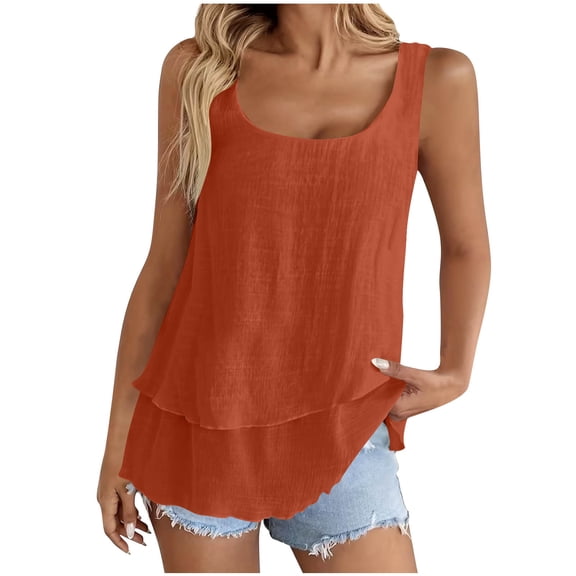 Vhkiploz Linen Tank Tops for Women Sleeveless Crew Neck Double Layered Camisole Blouse Vacation Casual Loose Solid Color Flowy Summer Cami Shirts Orange S
