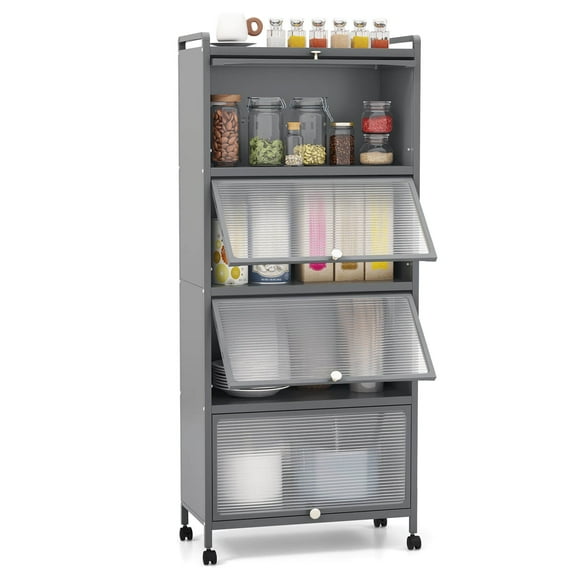 FGYRYK Baker’s Rack, Gray 5-Tier Kitchen Storage Rack with Rolling Casters, 23.5" x 12.5" x 60.5" Microwave Stand with Semi-Transparent Doors